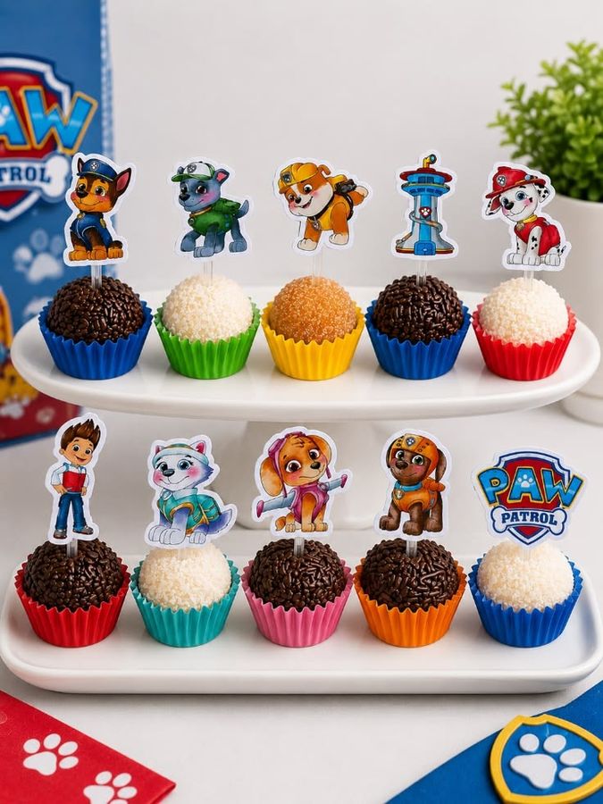 Brigadeiros com topinhos de personagens
