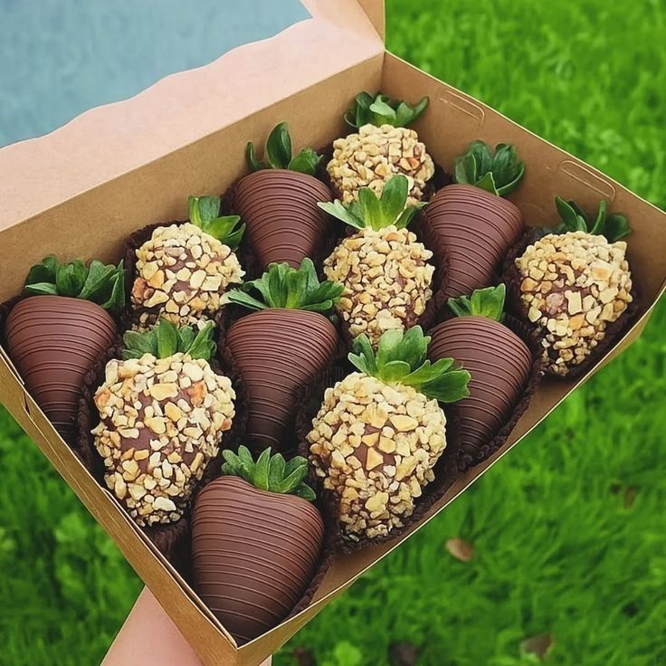 Caixa de bombons de morango cobertos com chocolate
