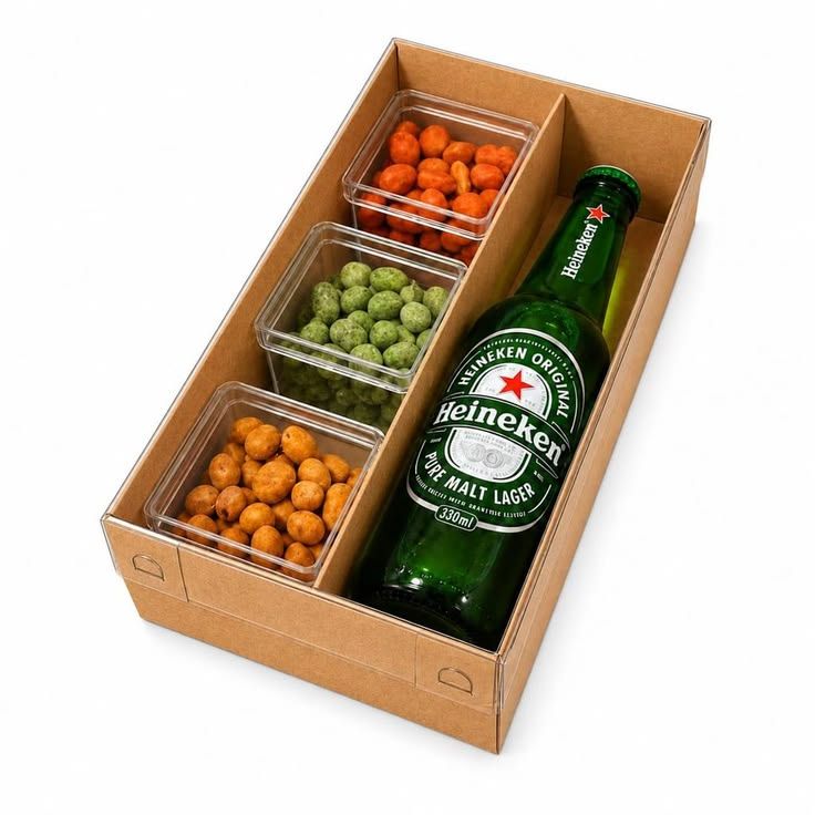 Caixa com cerveja e três potinhos de petiscos